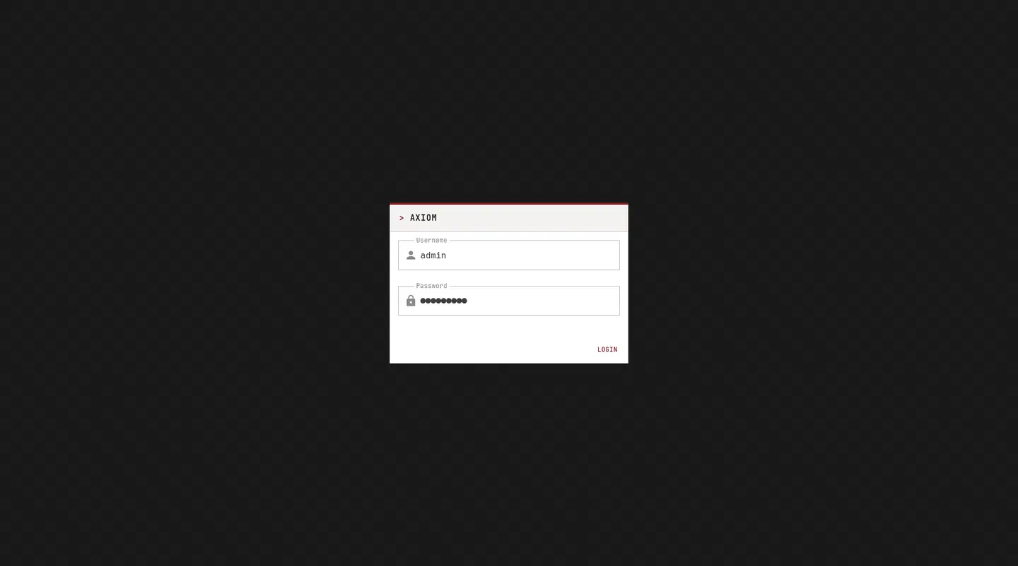 AXIOM sign-in screen with email and password fields