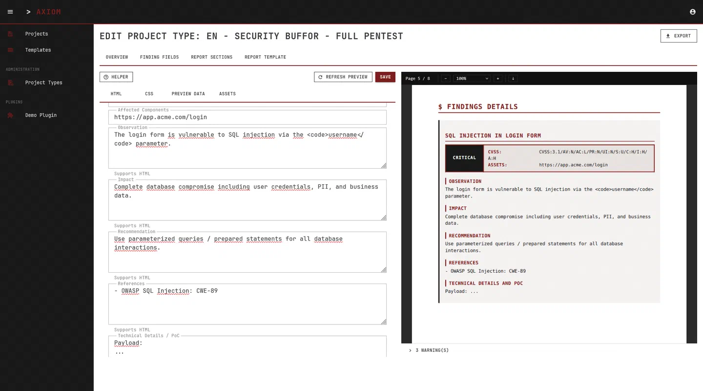 AXIOM project type editor beside a live PDF report preview