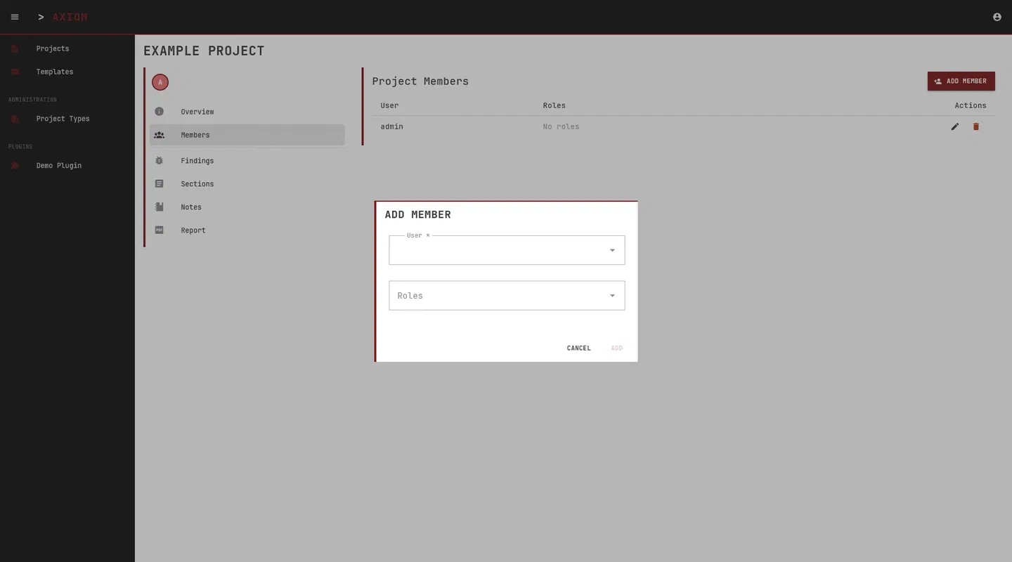 AXIOM add-member dialog showing user and project role controls