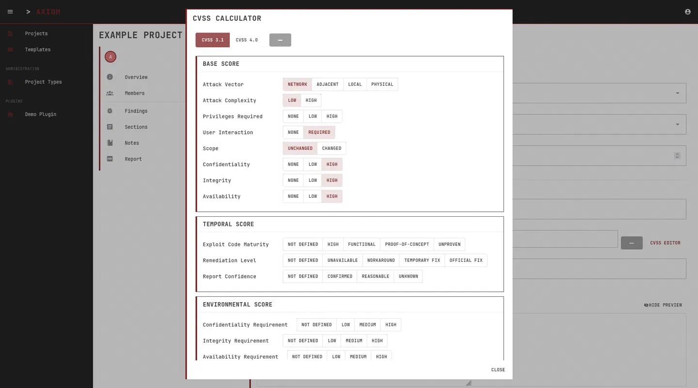 AXIOM CVSS calculator open over a finding editor