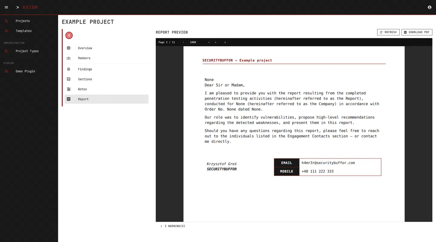 AXIOM report preview displaying a generated penetration-test PDF