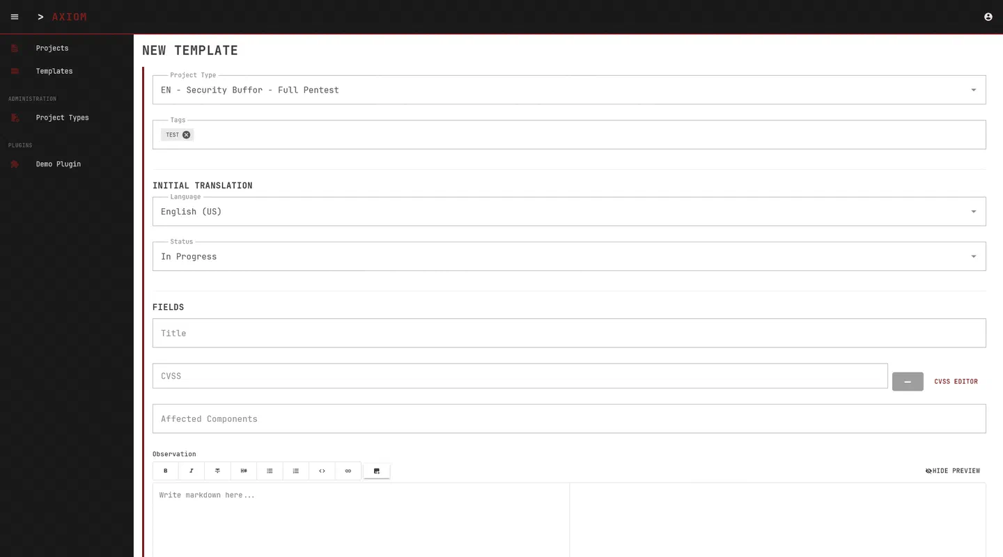 AXIOM finding template editor with fields for severity, description, and remediation
