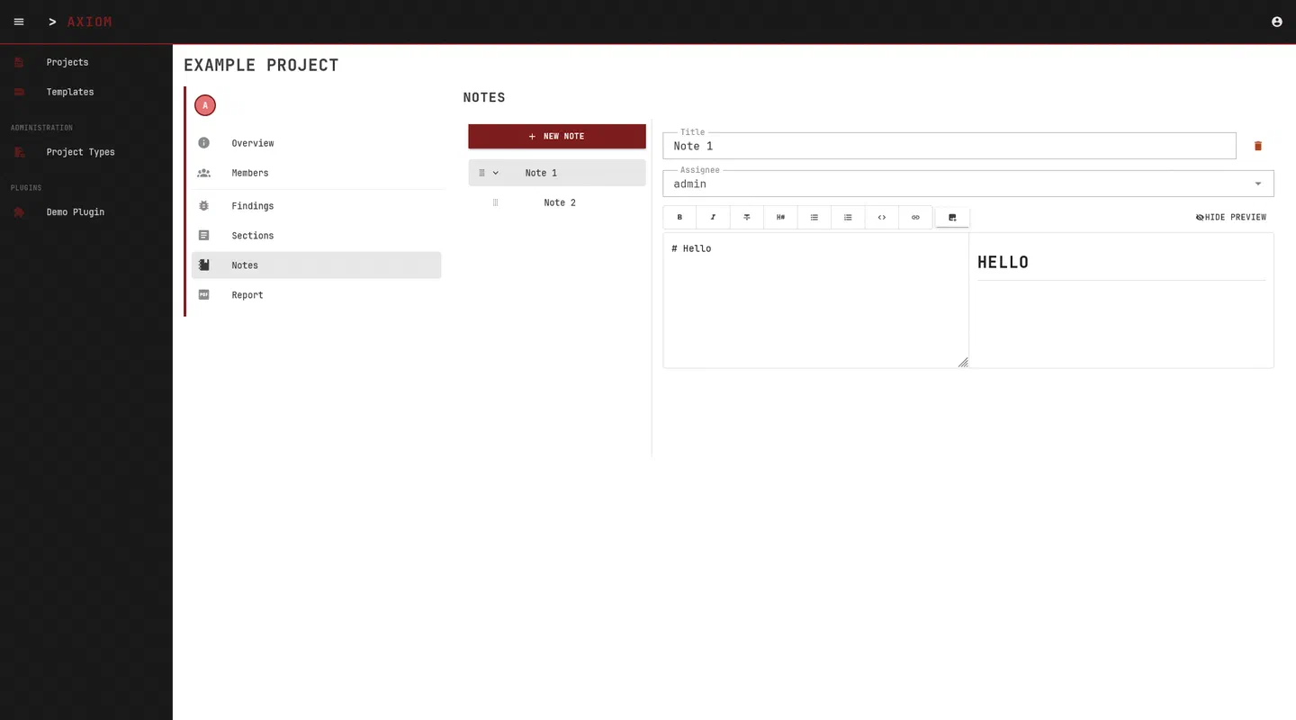 AXIOM project notes with a split Markdown editor and rendered preview